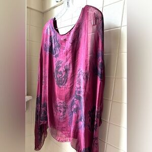 Made in Italy silk drapey floral top plum black sheer & liner M-L evening style